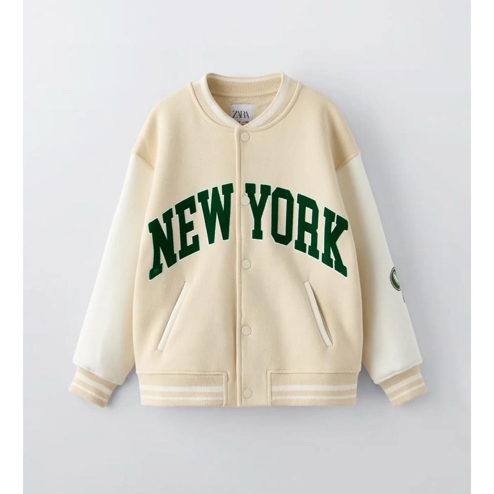NWT Zara Kids Cream and Green New York VARSITY Bomber Jacket